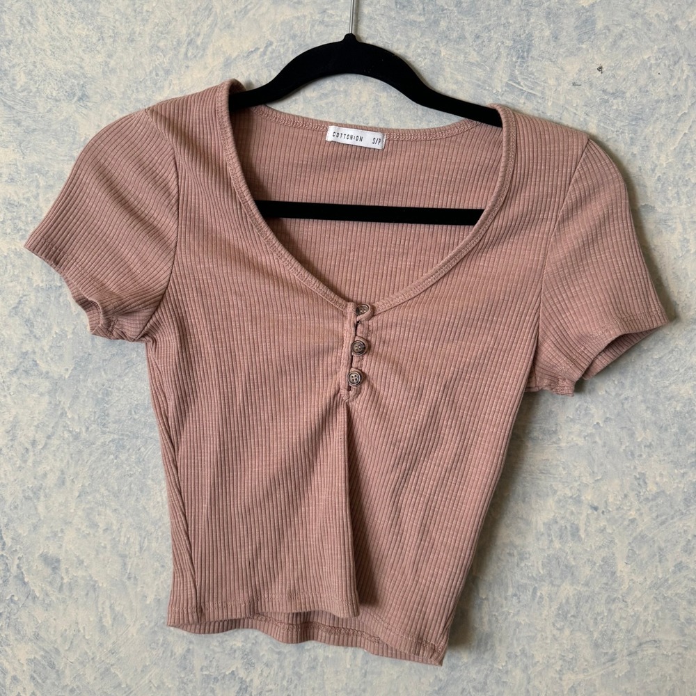 Cotton On Henley Crop Top Women Small Mauve Excellent Ribbed V-Neck Short Sleeve
